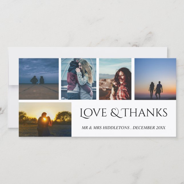 Love & Thanks Wedding Script Five Photo Collage Thank You Card (Front)