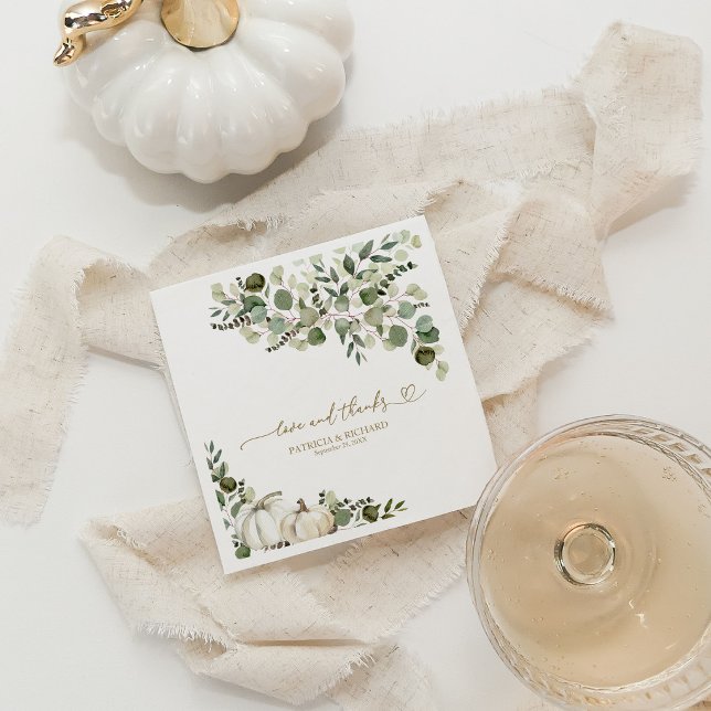 Love & Thanks White Pumpkin Greenery Fall Wedding Napkin (Creator Uploaded)