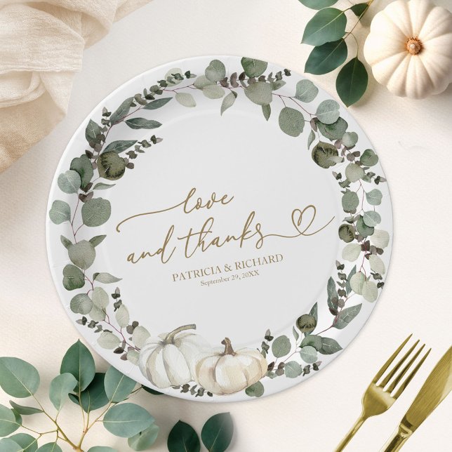 Love & Thanks White Pumpkin Greenery Fall Wedding Paper Plate (Creator Uploaded)