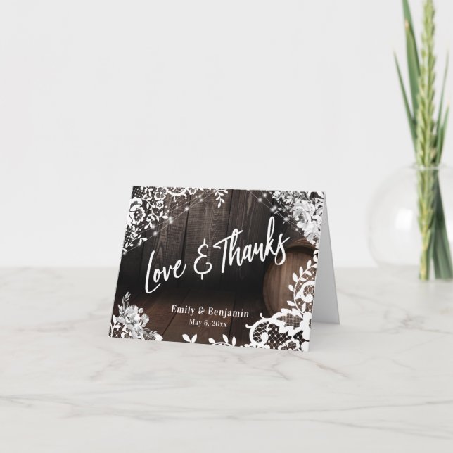 Love & Thanks Wooden Barrel Lace Lights Flowers Thank You Card (Front)