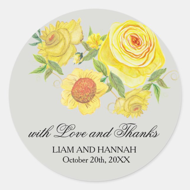 Love & Thanks Yellow Sunflower Roses Wedding Favou Classic Round Sticker (Front)