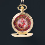 LOVE THE JESTER,CUPID IN RED PINK FLORAL CROWN WATCH<br><div class="desc">Elegant , classic fruits, vibrant Renaissance fine art , masterpiece from Bottega della Robbia ( Florence - Italy ) .Classy round /circle shape photo template  in yellow, black, purple, pink, fuchsia, violet colours with bright 3D  gem stones easily customisable with your photo. Artistic and cool design</div>