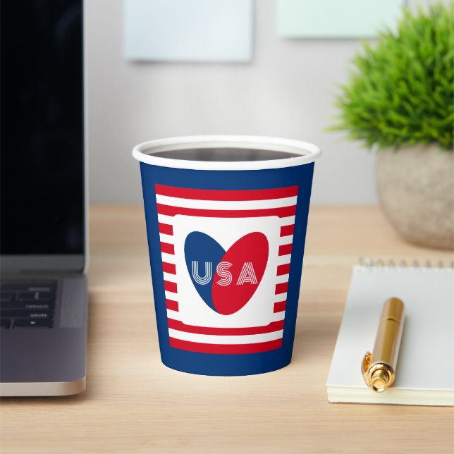 Love the USA Patriotic Red White Blue Fun Heart Paper Cups (Insitu)