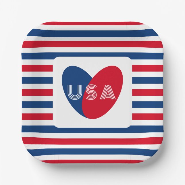 Love the USA Patriotic Red White Blue Fun Heart Paper Plate (Front)