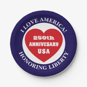 Love the USA Patriotic Red White Blue Heart 250th Paper Plate