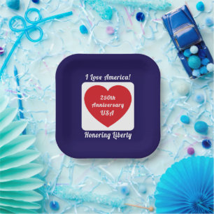 Love the USA Patriotic Red White Blue Heart 250th Paper Plate
