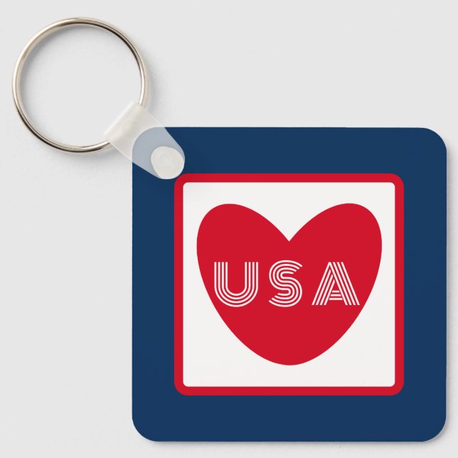Love the USA Patriotic Red White Blue Simple Heart Key Ring (Front)