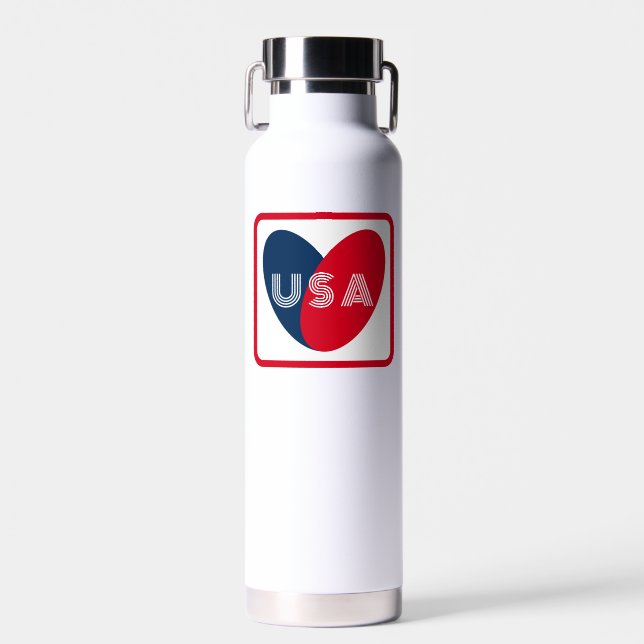 Love the USA Patriotic Red White Blue Simple Heart Water Bottle (Front)