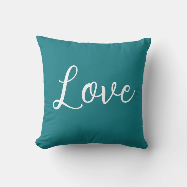 Love Throw Pillow Teal Blue White (Front)