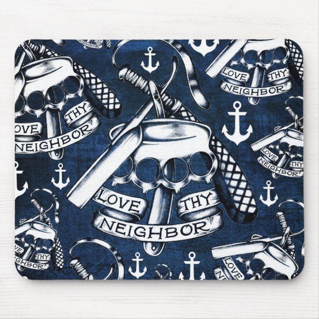 Love thy Neighbours retro Tattoo pattern in navy. Mouse Pad (Front)