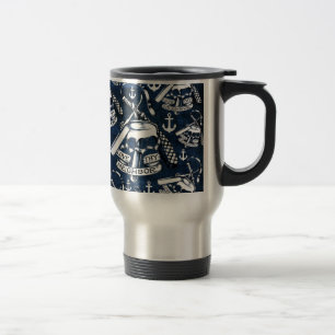 Love thy Neighbours retro Tattoo pattern in navy. Travel Mug