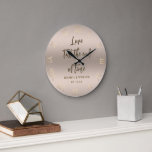 Love Time Blush Wedding Anniversary Chic Keepsake Large Clock<br><div class="desc">A modern, simple, classy, elegant, personalised wedding anniversary keepsake clock featuring modern typography and a brush of gold (not real foil) on the clock face and the lettering, over a textured blush background. The title, in modern script calligraphy, says "Love 'till the end of time". You can personalise the names,...</div>