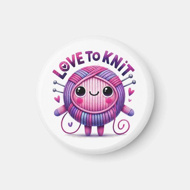 Love to Knit Quote Cute Pink Purple Ball of Yarn Magnet (Front)