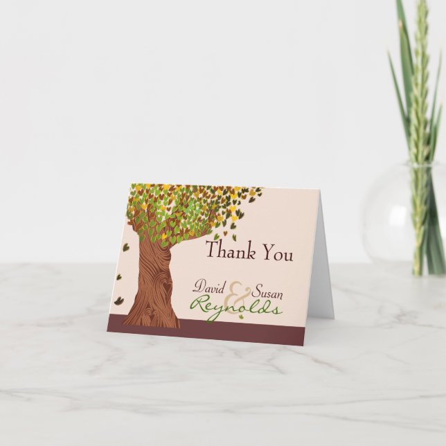 Love Tree Falling Heart Leaves Thank You Note Card (Front)