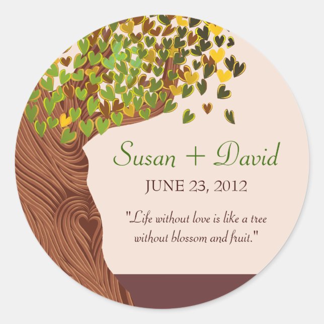 Love Tree Falling Heart Leaves Wedding Invite Classic Round Sticker (Front)