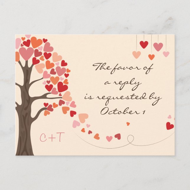 Love Tree Hearts Wedding rsvp Invitation Postcard (Front)