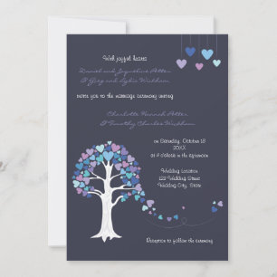 Love Tree Hearts Winter Wedding Invitation Blue