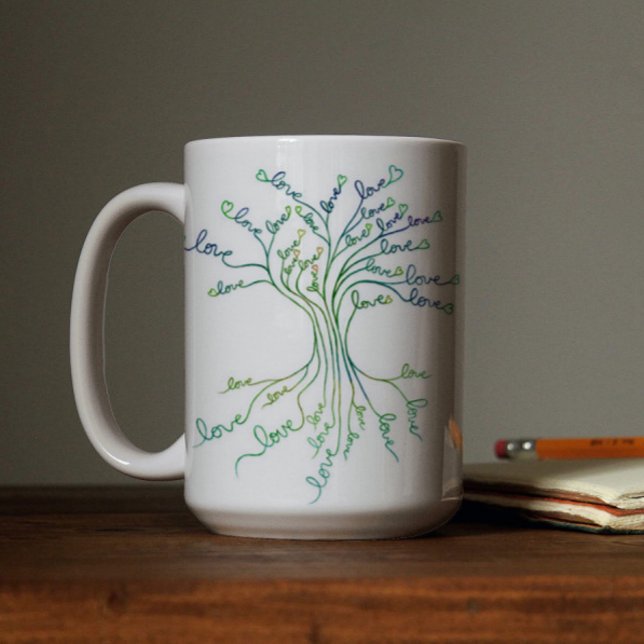 Love Tree of Life Art White Teal Blue Hearts Cute Coffee Mug (Creator Uploaded)
