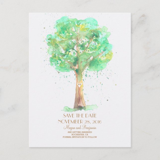 Love Tree Romantic Watercolor Save The Date Announcement Postcard (Front)
