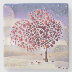 Love Tree with Hearts Watercolor Stone Coaster