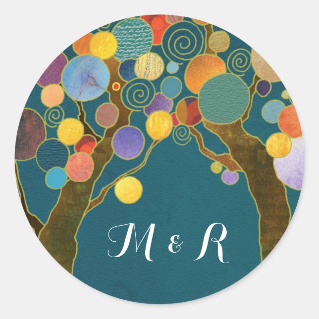 Love Trees Teal Wedding Monograms Classic Round Sticker (Front)