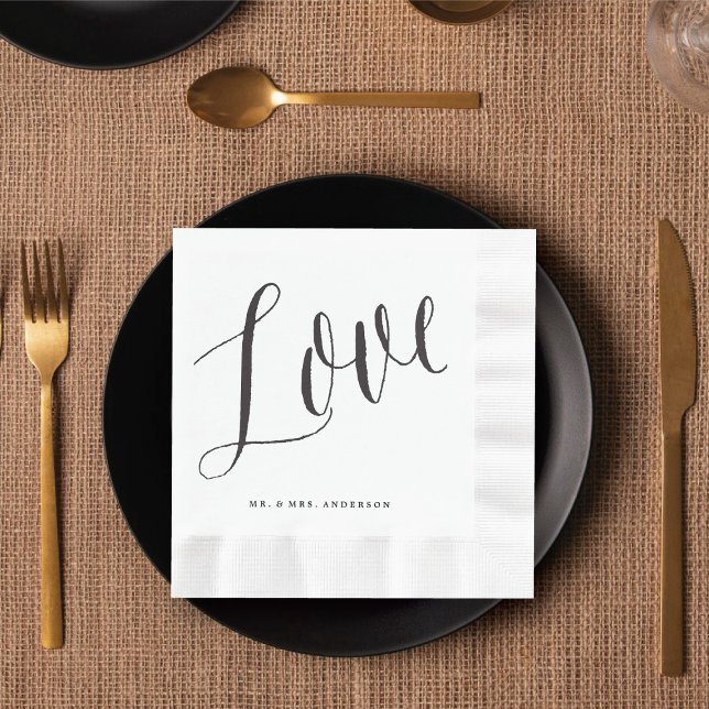 Love Trendy Chic Black Script Calligraphy Wedding Napkin (LOVE Trendy Chic Black Script Calligraphy Wedding Paper Napkins @ fatfatin_blue_knot)