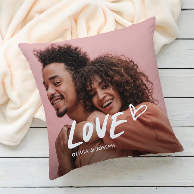 Love | Trendy Handwritten Text and Heart and Photo Cushion (Creator Uploaded)
