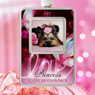 Love Tribute, Pink Hearts & Butterfly - Pet Photo Silver Plated Framed Ornament