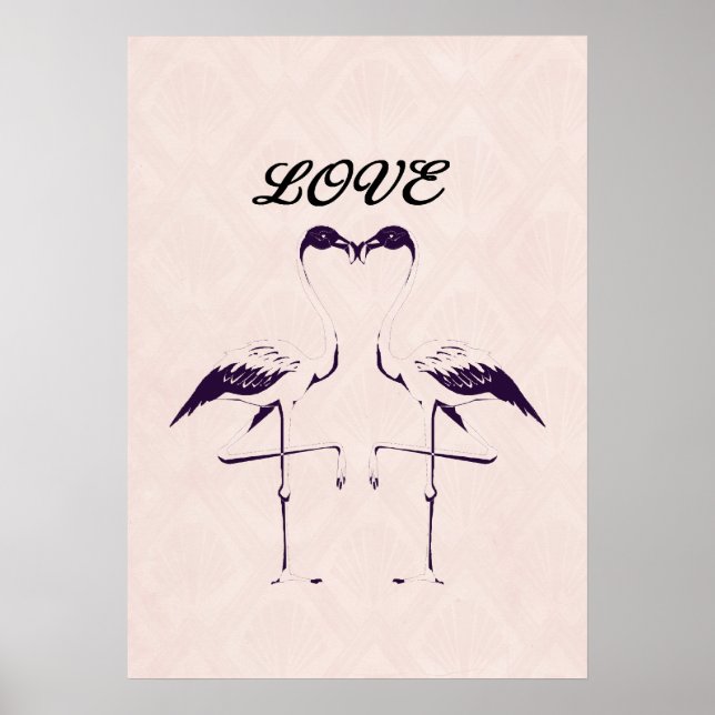 Love Two Flamingo BirdsHeart Pink Black Poster (Front)