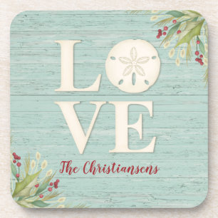 LOVE Typography Coastal Sand Dollar Rustic Beach Coaster