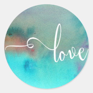 Love Typography, Colourful Abstract Watercolor Was Classic Round Sticker