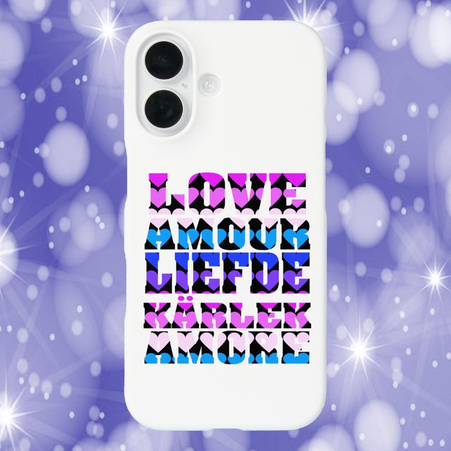 Love Typography Languages Hearts Pink Purple Blue  Case-Mate iPhone Case (A phone case that says love in a variety of languages in pink, purple and blue)