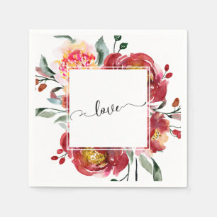 Love Typography over Red Floral Bouquet Napkin