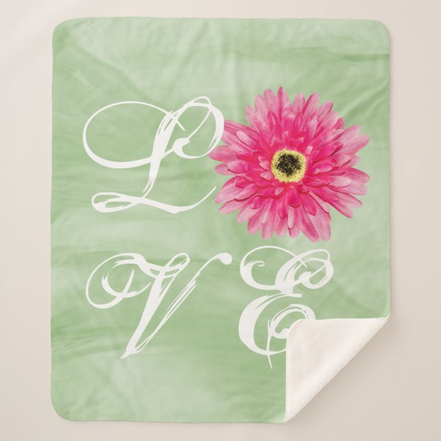 LOVE Typography Pink Gerbera Daisy Flower on Green Sherpa Blanket (Front)