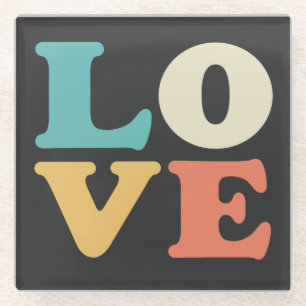 Love Typography Retro Colour Square Glass Coaster