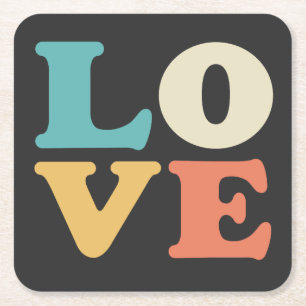 Love Typography Retro Colour Square Paper Coaster