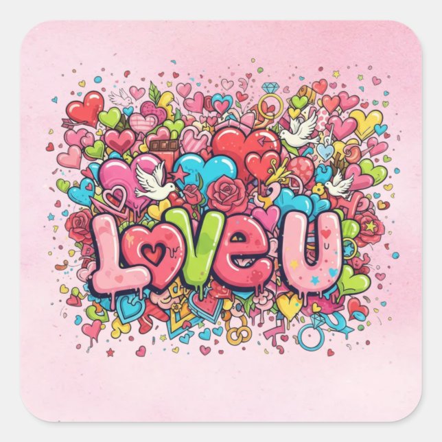Love U Colorful Doodle Hearts Sticker (Front)