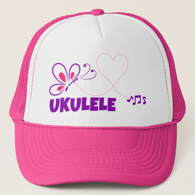 Love Ukulele Pink Purple Butterfly Heart Trucker Hat (Front)