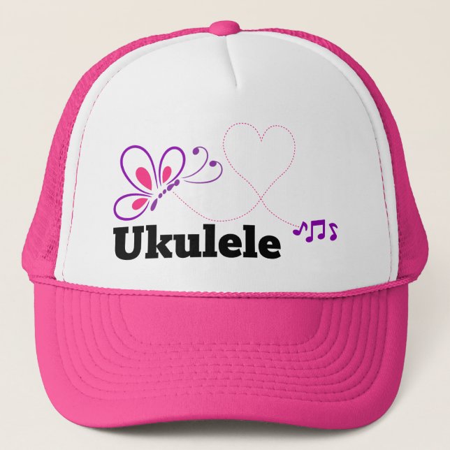Love Ukulele Pink Purple Butterfly Heart Trucker Hat (Front)