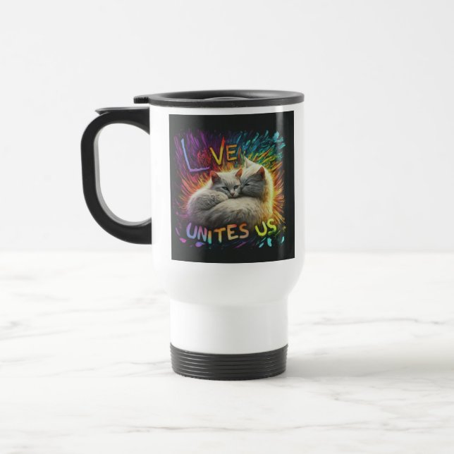 "Love Unites Us" Travel Coffee Mug. Mug (Left)