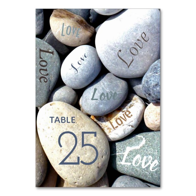LOVE Unusual Rustic Colourful Beach Pebbles Table Number (Front)