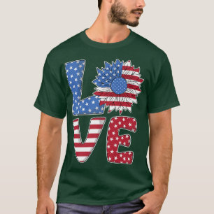 Love USA Flag Sunflower July 4th American Independ T-Shirt