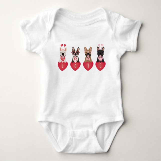 Love Valentine French Bulldogs Baby Bodysuit (Front)