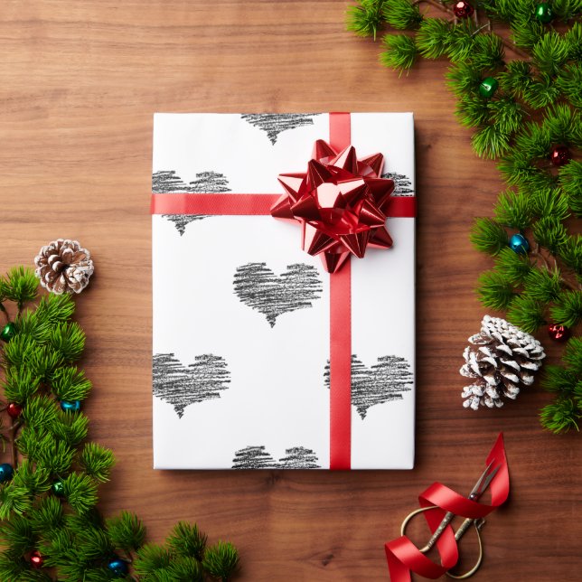 Love Valentine's Day Black Heart Sketch Wrapping Paper (Holiday Gift)