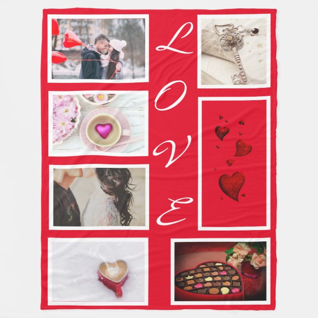 LOVE Valentines Day Red Hearts Photo Collage Fleece Blanket (Front)
