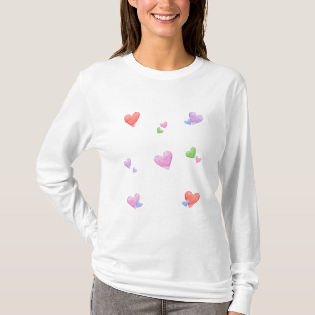 LOVE Valentines Fun Watercolor Hearts T-Shirt (Front)