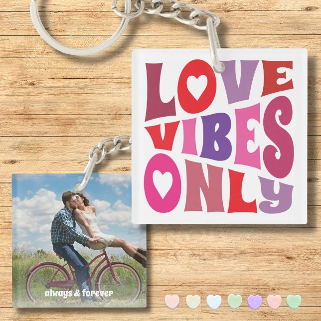 Love Vibes Only Red Pink Couple Photo Typography Key Ring (Creator Uploaded)