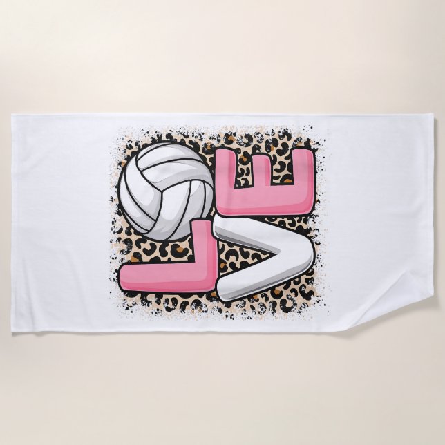 Love Volleyball Leopard Print Women Girls Volleyba Beach Towel (Front)