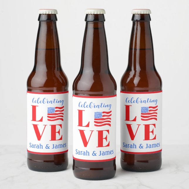 LOVE Watercolor American Flag NAME Bridal  Beer Bottle Label (Bottles)