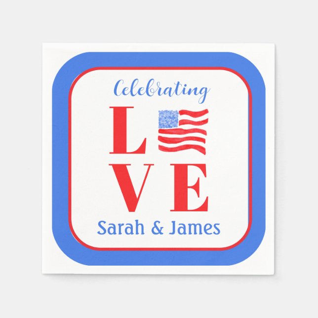 LOVE Watercolor American Flag NAME Bridal  Napkin (Front)